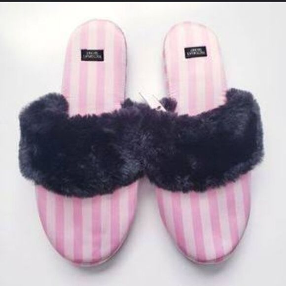 VICTORIA'S SECRET SIGNATURE SATIN SLIPPERS PINK STRIPE WITH FAUX FUR SLIPPER - Picture 2 of 13